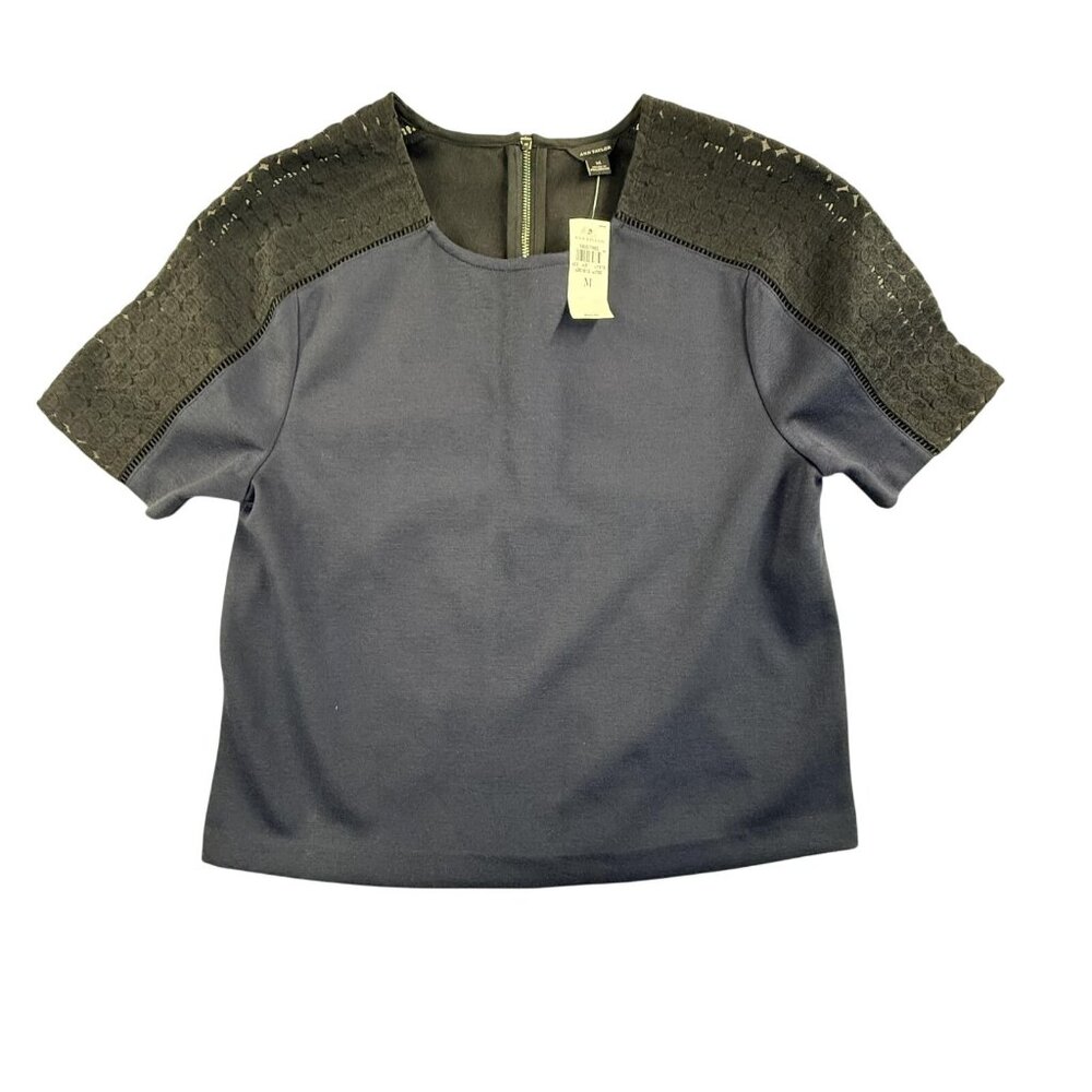 Ann Taylor Shirt Womens Medium Navy Black Lace Shoulder Short Sleeve Zip Back - Picture 1 of 11